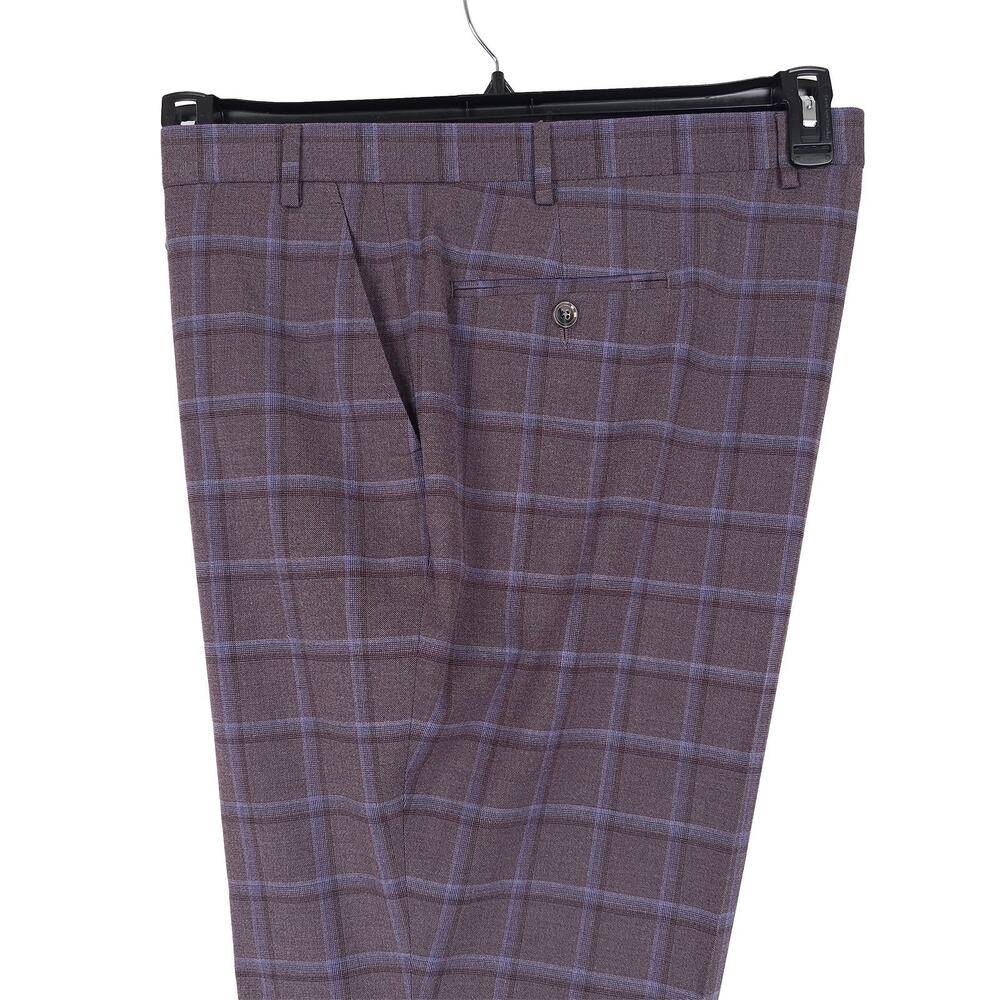 Tayion Mens Classic Fit Suit Pant 44x32 Lavender Purple Windowpane Plaid Stretch